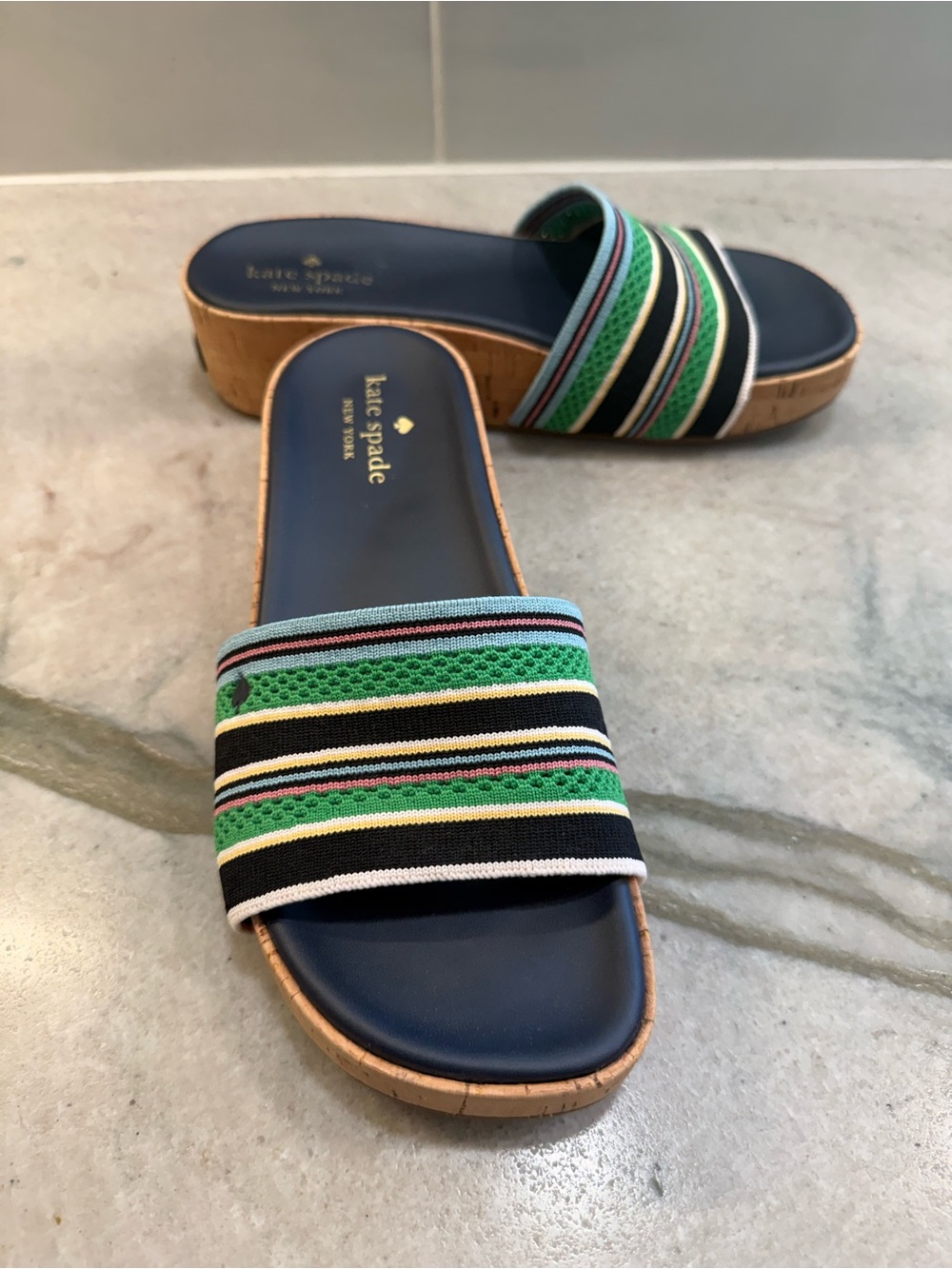 kate spade Navy, Green & Black Striped Cork Slide Sandals